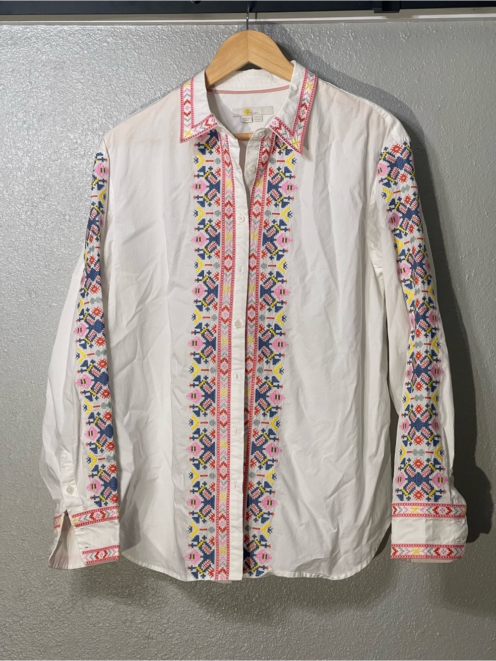 Boden Embroidered White Button-Down Shirt with Multicolor Folk Motif Size 10R